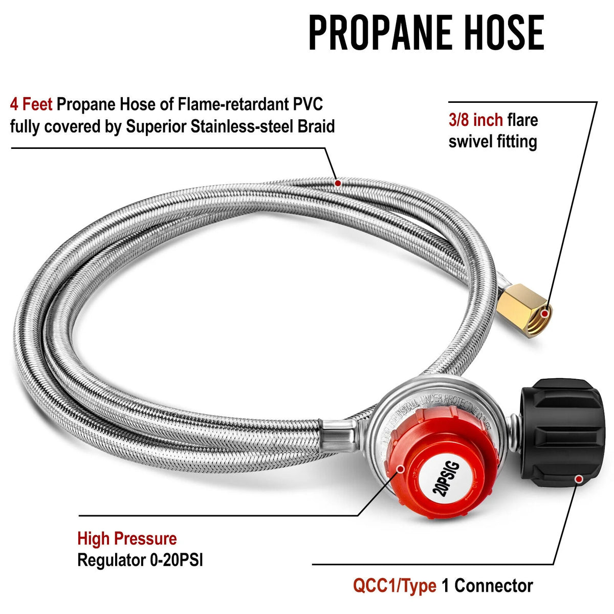 4FT Stainless Steel Braided Propane Gas Hose with Adjustable High Pressure Regulator X819