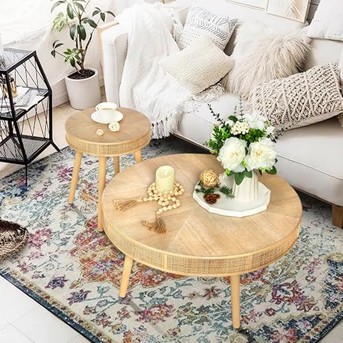 2-Piece Solid Wood Rattan Coffee Table Set C5879