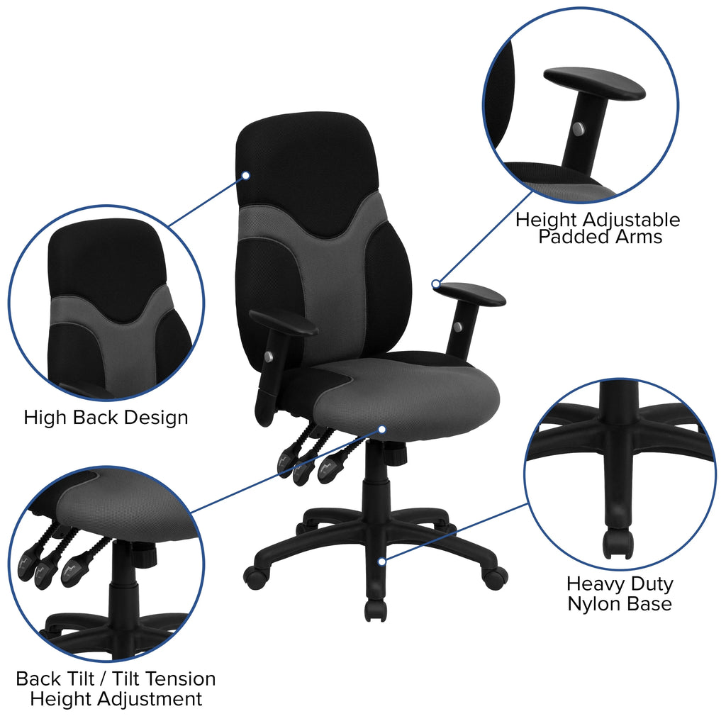 Black and Gray Mesh Swivel Task Office Chair with Adjustable Arms O3334