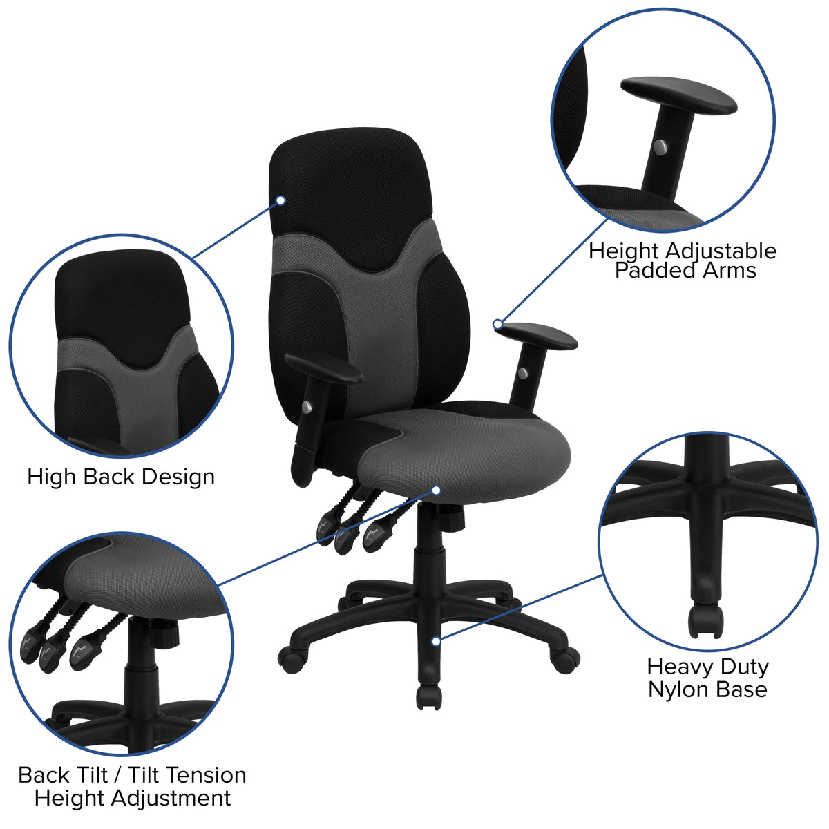 Black and Gray Mesh Swivel Task Office Chair with Adjustable Arms O3334