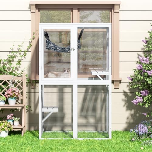 White Wooden Cat Enclosure with 3 Platforms L658115