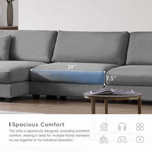 Beige Oversized Corduroy L Shaped Sectional Sofa with USB Charging Port and Cup Holder Q7186