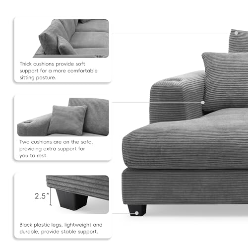 Beige Oversized Corduroy L Shaped Sectional Sofa with USB Charging Port and Cup Holder Q7186