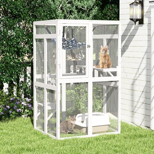 White Wooden Cat Enclosure with 3 Platforms L658115