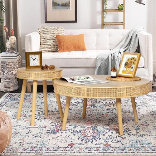 2-Piece Solid Wood Rattan Coffee Table Set C5879