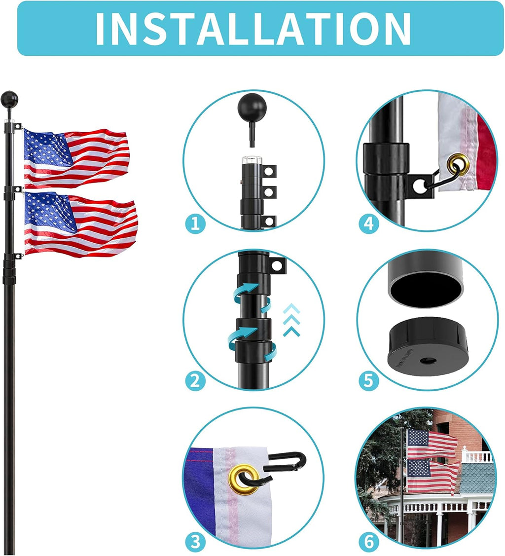 20FT Telescoping Black Flag Pole Kit with 3x5 American Flag O9717