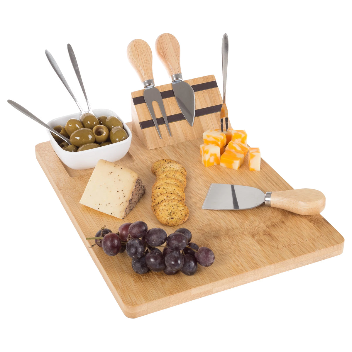 9 Piece Bamboo Cheese Serving Tray Set with Stainless Steel Cutlery and Dip Dish E675523