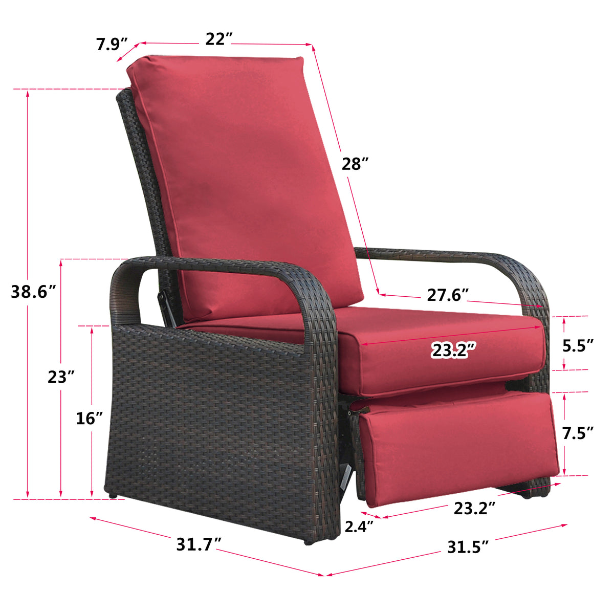 Red Rattan Wicker Adjustable Recliner Chair with Cushion and Glass Top Side Table Y7633