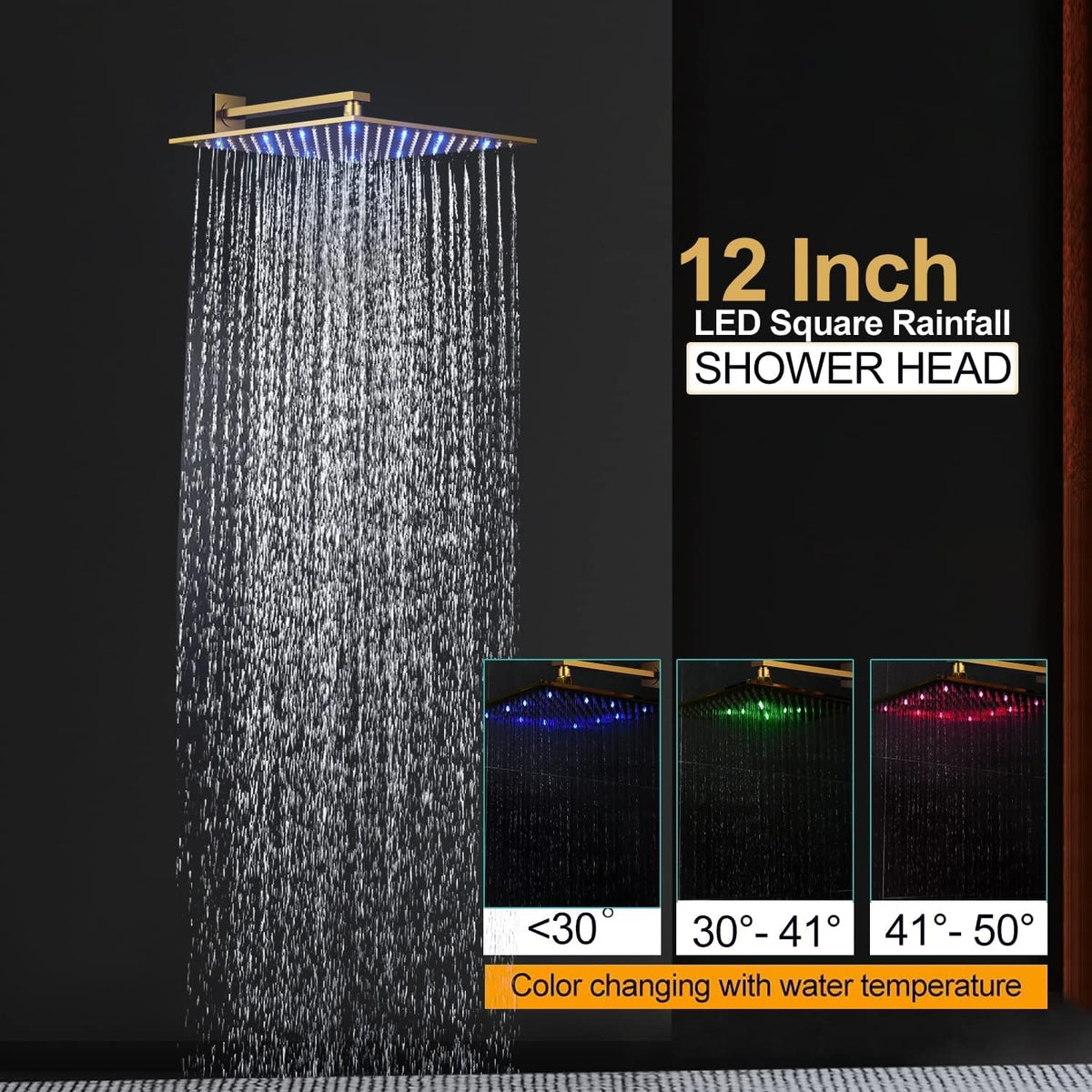 Brushed Gold Wall Mounted 12 Inch LED Rainfall Shower System With 6 PCS Body Jets Q768