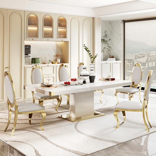 78" Gold Finish MDF Dining Table Set with PU Leather Chairs Y531513
