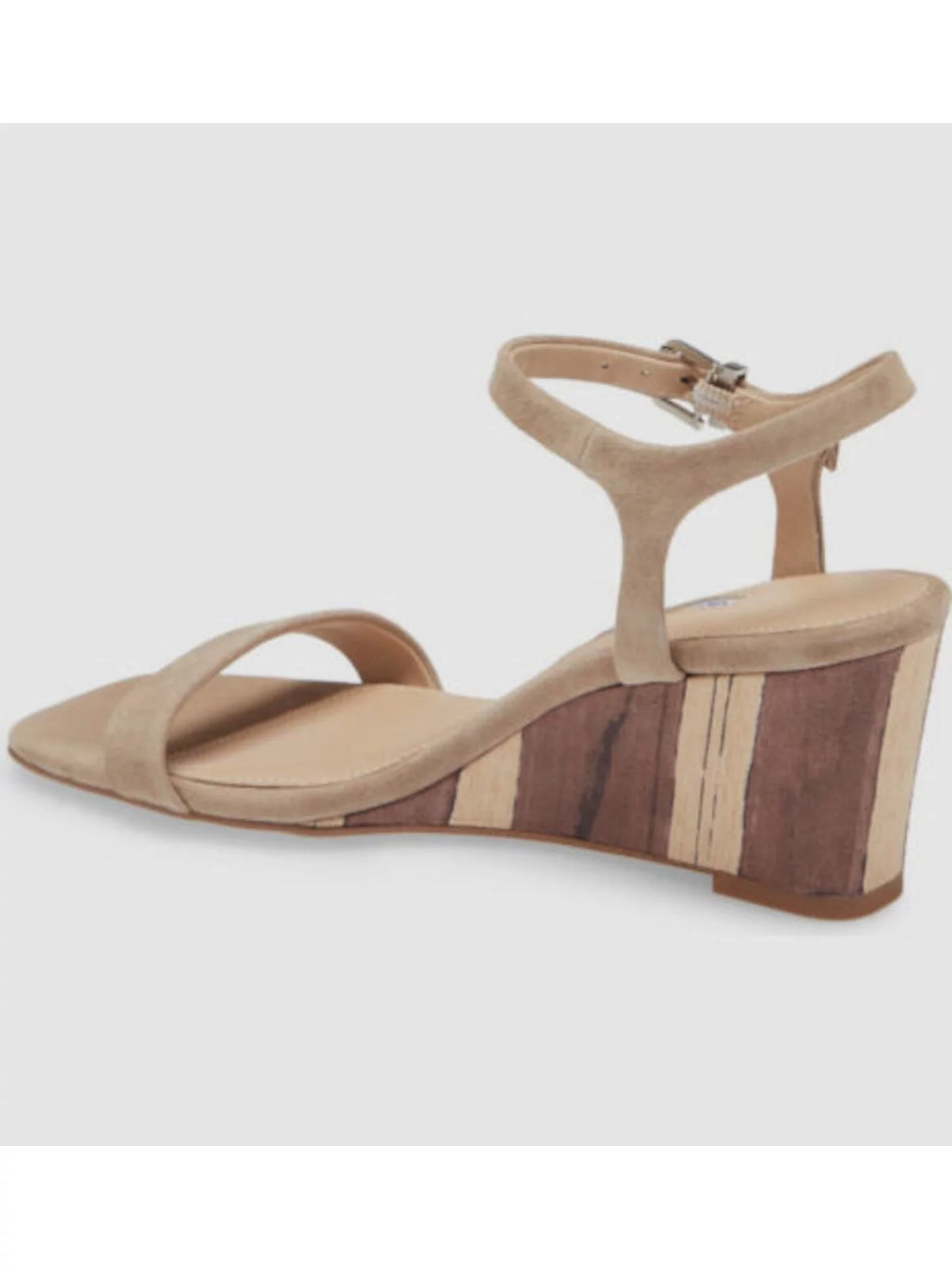 Beige Striped Adjustable Padded Ankle Strap Square Toe Wedge Leather Dress Sandals P34073