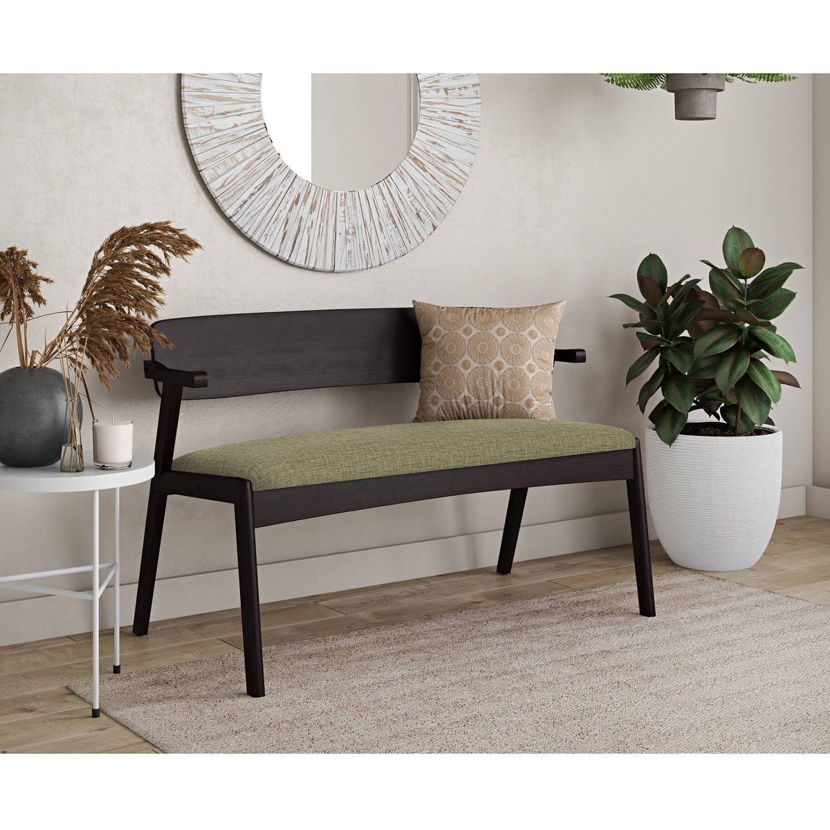 Tan Arm Dining Bench with Espresso Wood Back L662575