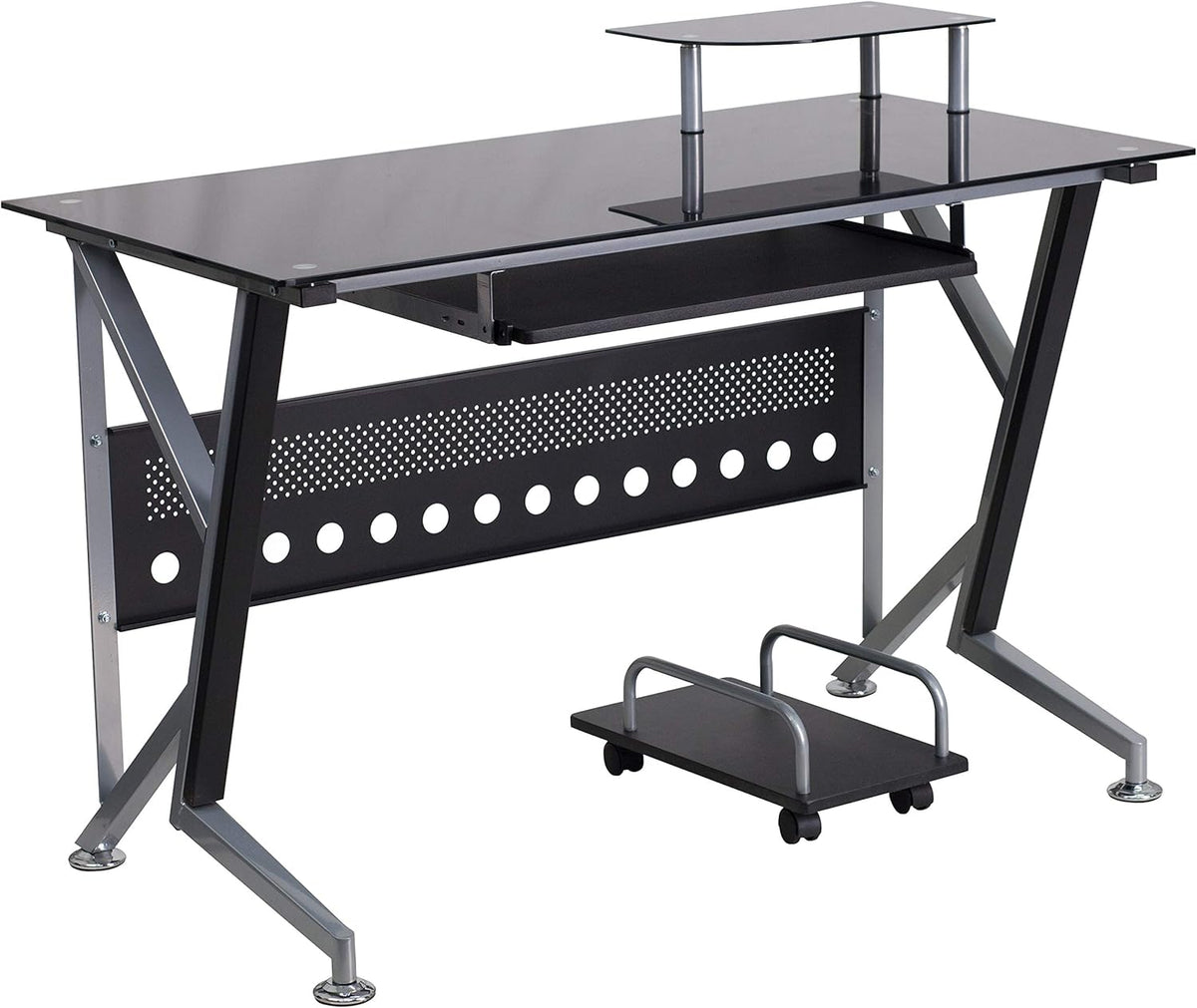 Black Glass Computer Desk with Keyboard Tray and CPU Cart B5077