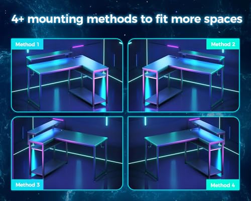 Black L Shaped Gaming Desk with Power Outlet, Height Adjustable Monitor Stand, LED Lights V81468