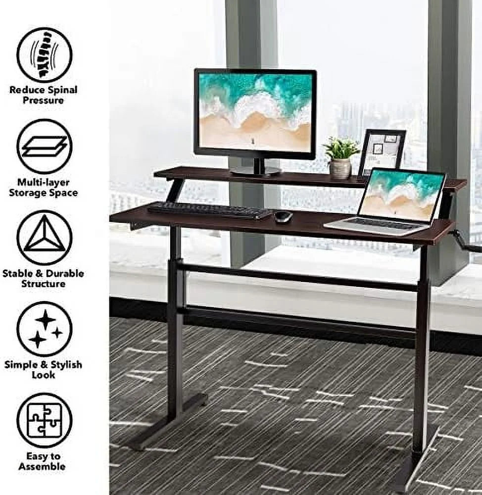 2-Tier Height Adjustable Standing Desk with Monitor Stand (Brown) H486