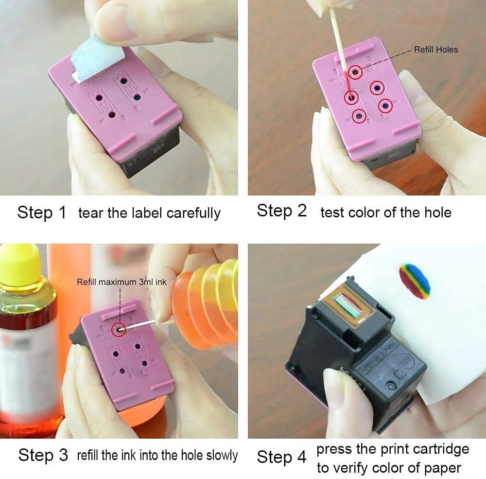 Pigment Refill Ink Bottles Compatible with HP 60 61 62 63 64 65 67 Ink Cartridges - 4 Color L83346