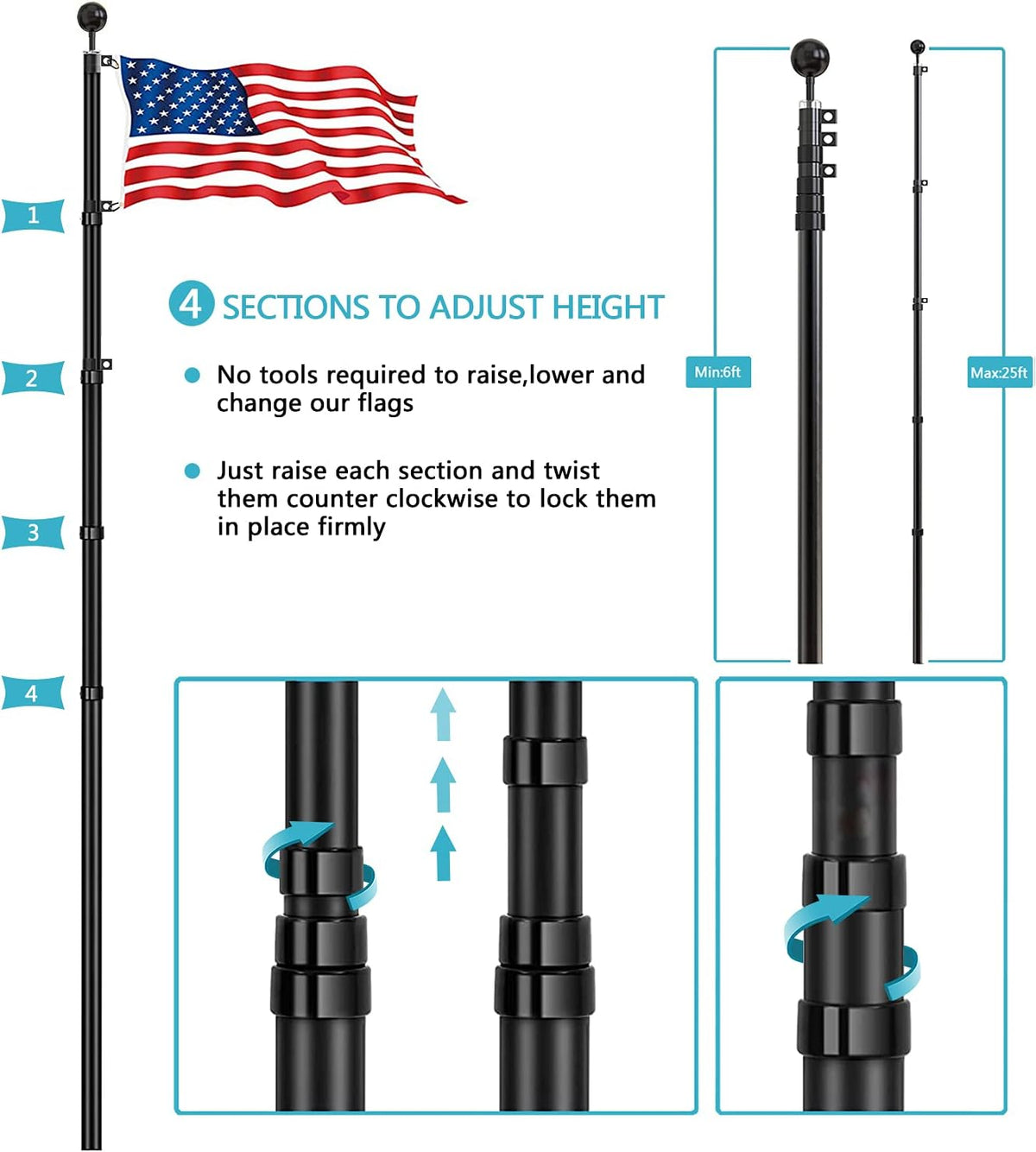 20FT Telescoping Black Flag Pole Kit with 3x5 American Flag O9717