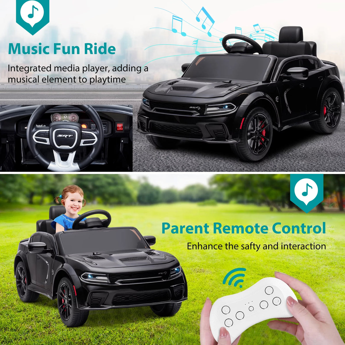 12V Black Dodge Charger Ride On Car with Remote Control I955