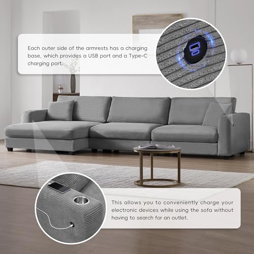 Beige Oversized Corduroy L Shaped Sectional Sofa with USB Charging Port and Cup Holder Q7186