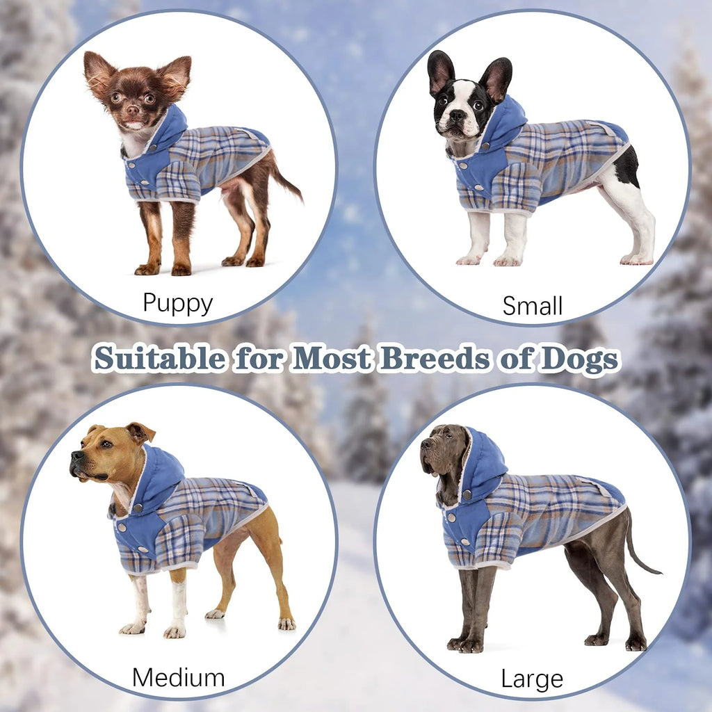 Plaid Dog Winter Coat with Hood Fleece Lining S52825