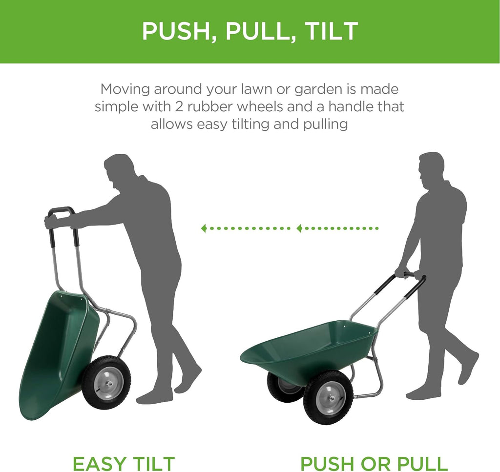 Green Dual-Wheel Utility Wheelbarrow Garden Cart with Built-in Stand L96599