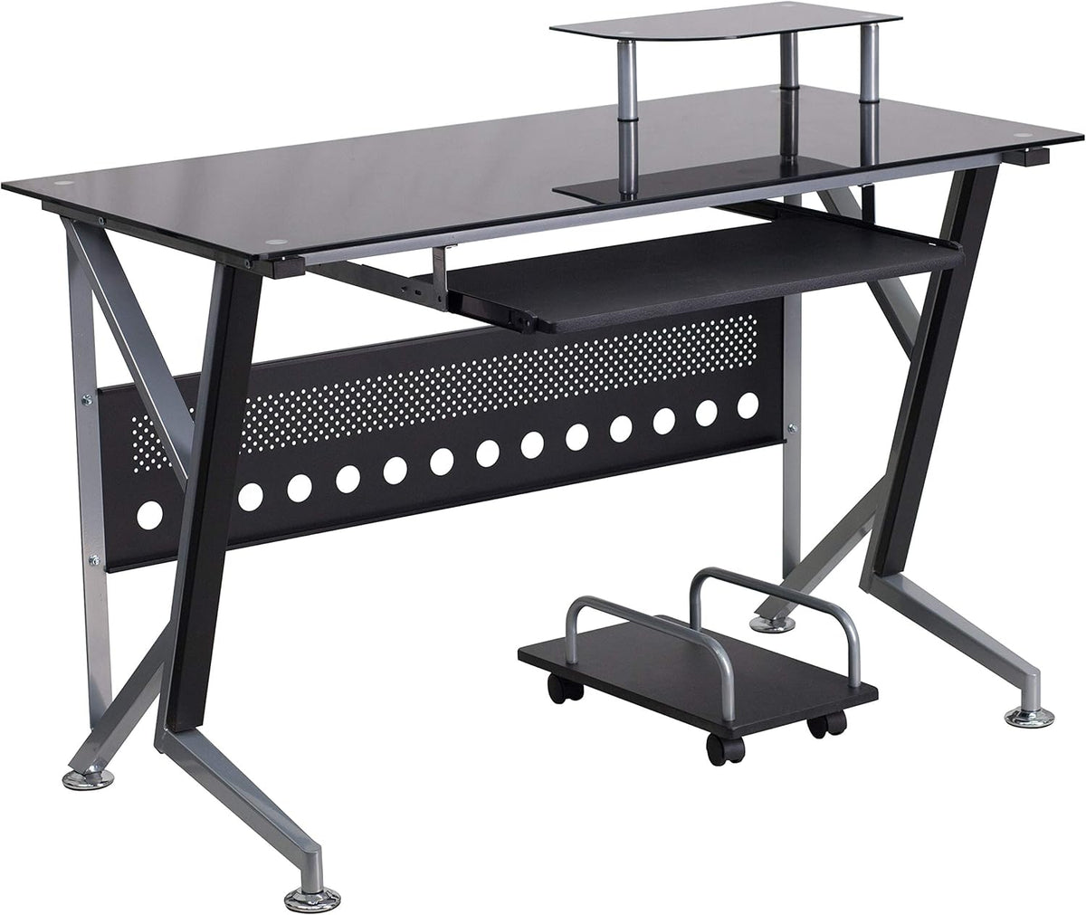 Black Glass Computer Desk with Keyboard Tray and CPU Cart B5077