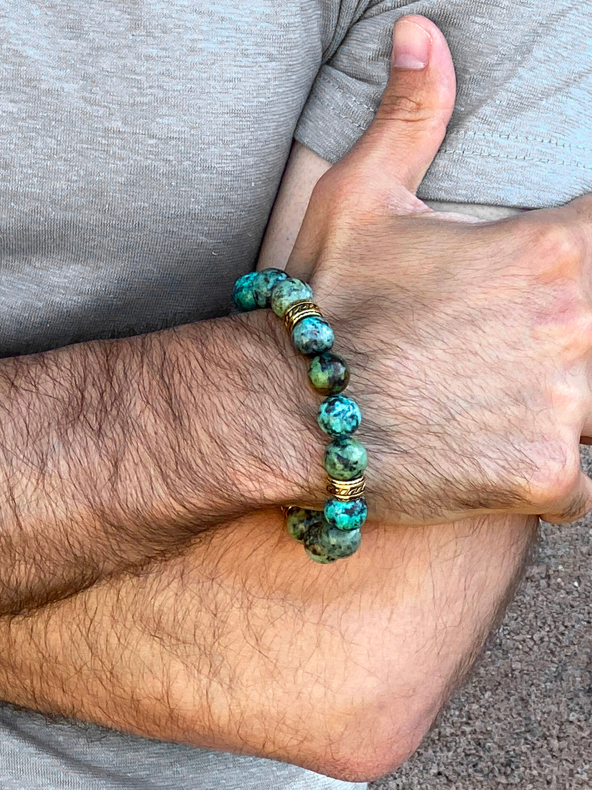 African Turquoise Stone Gold Plated Stainless Steel Beaded Stretch Bracelet (12mm) P303601