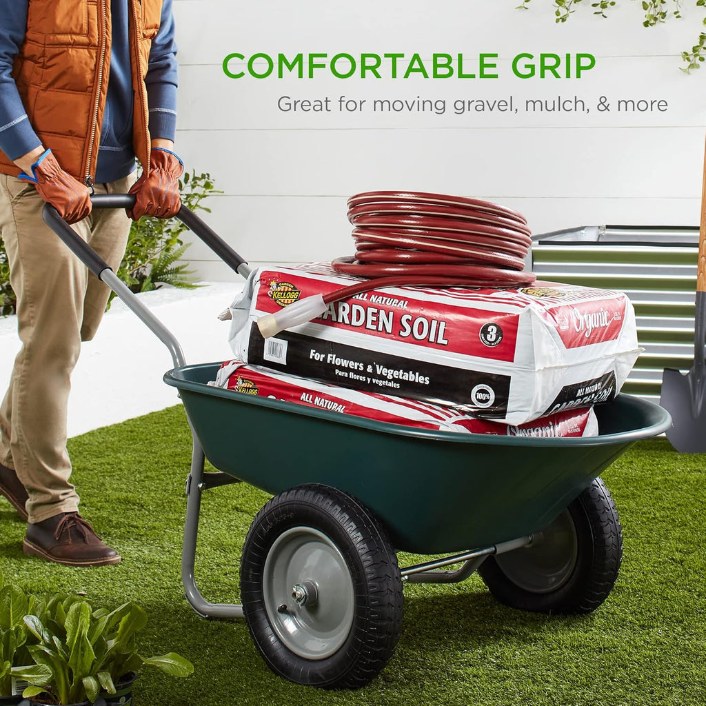 Green Dual-Wheel Utility Wheelbarrow Garden Cart with Built-in Stand L96599