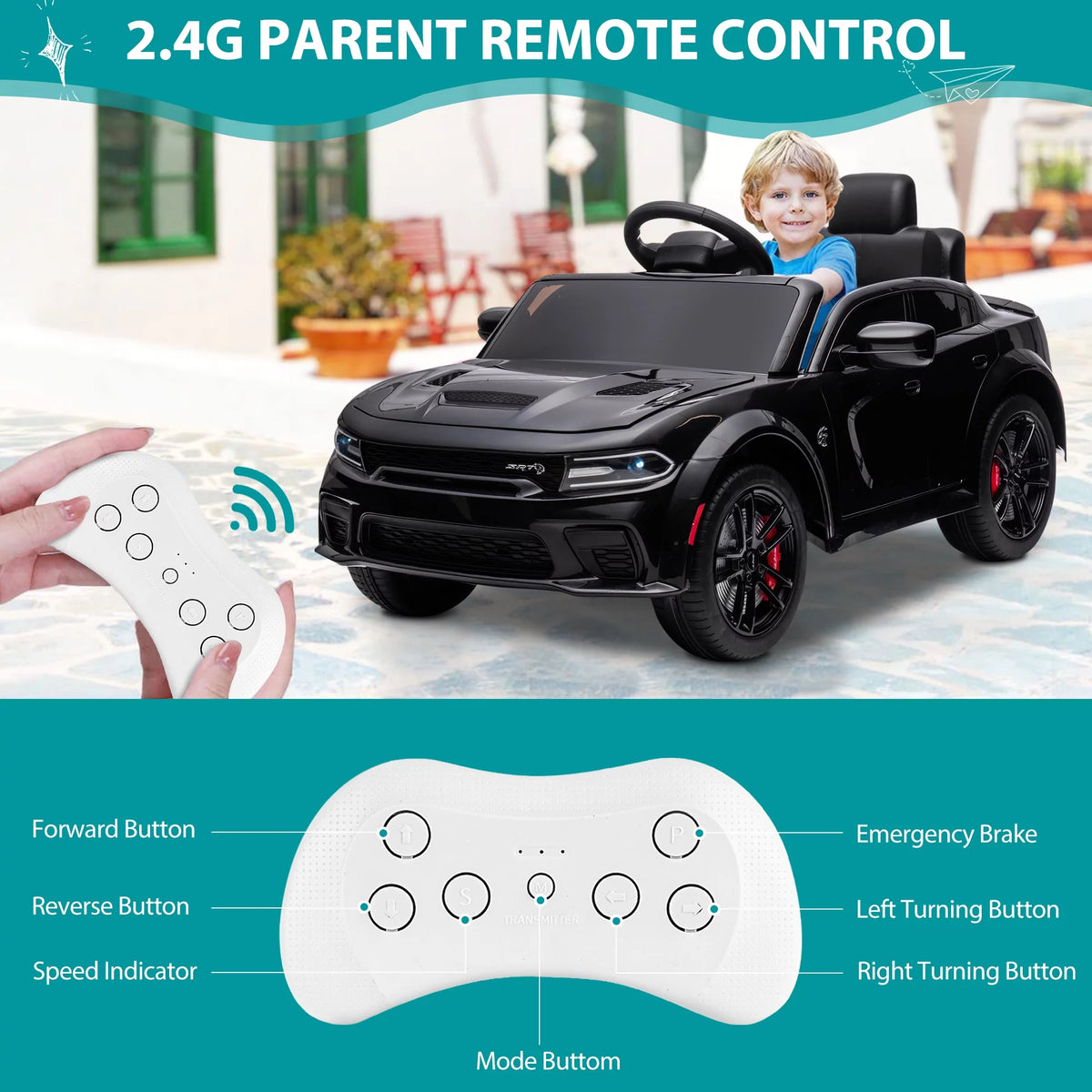 12V Black Dodge Charger Ride On Car with Remote Control I955