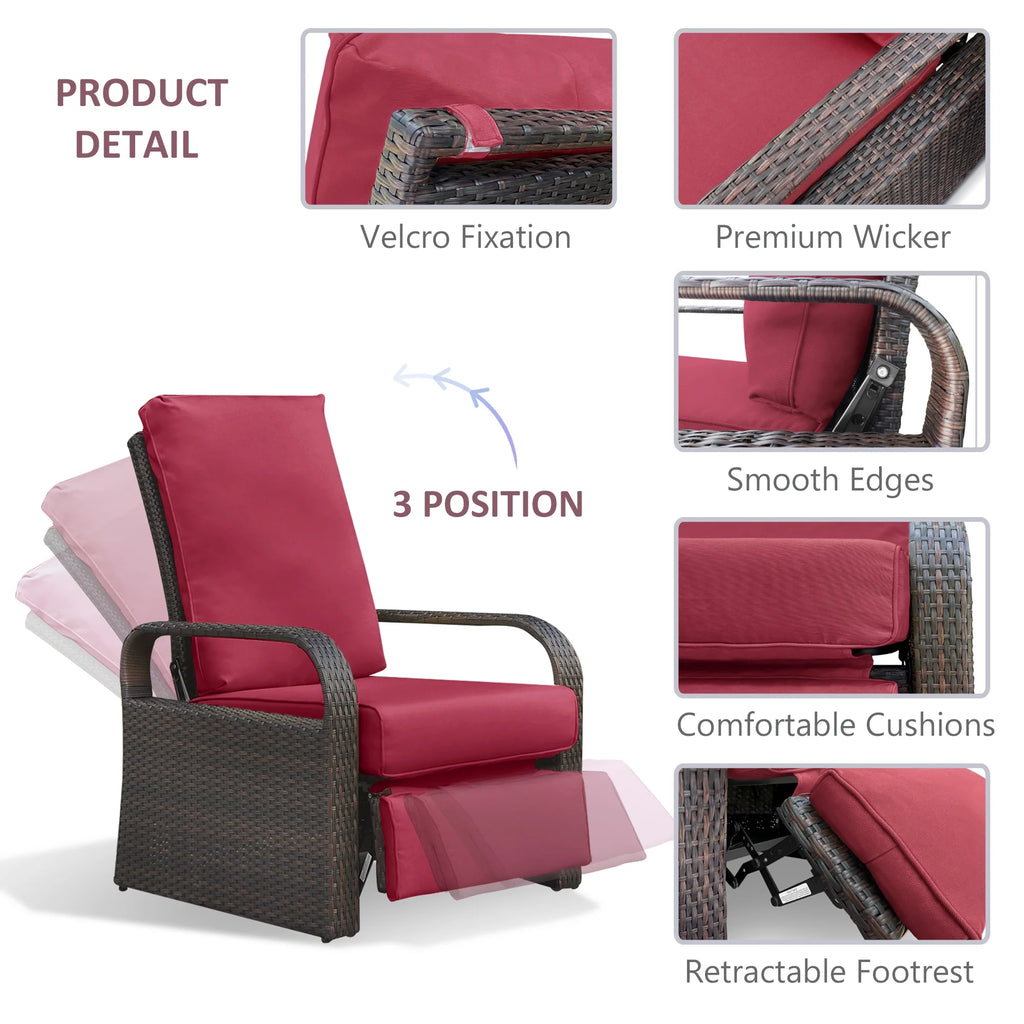Red Rattan Wicker Adjustable Recliner Chair with Cushion and Glass Top Side Table Y7633