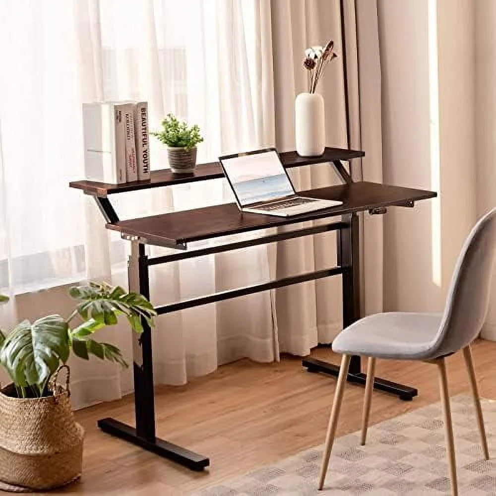 2-Tier Height Adjustable Standing Desk with Monitor Stand (Brown) H486