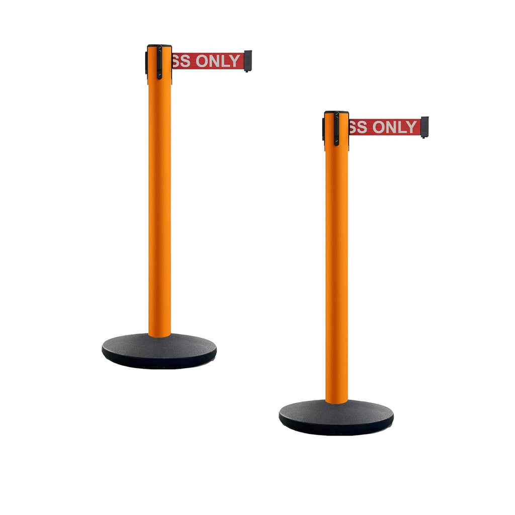 Set of 2 Retractable Belt Barrier Stanchion, Cast Iron Base Yellow Post R2682