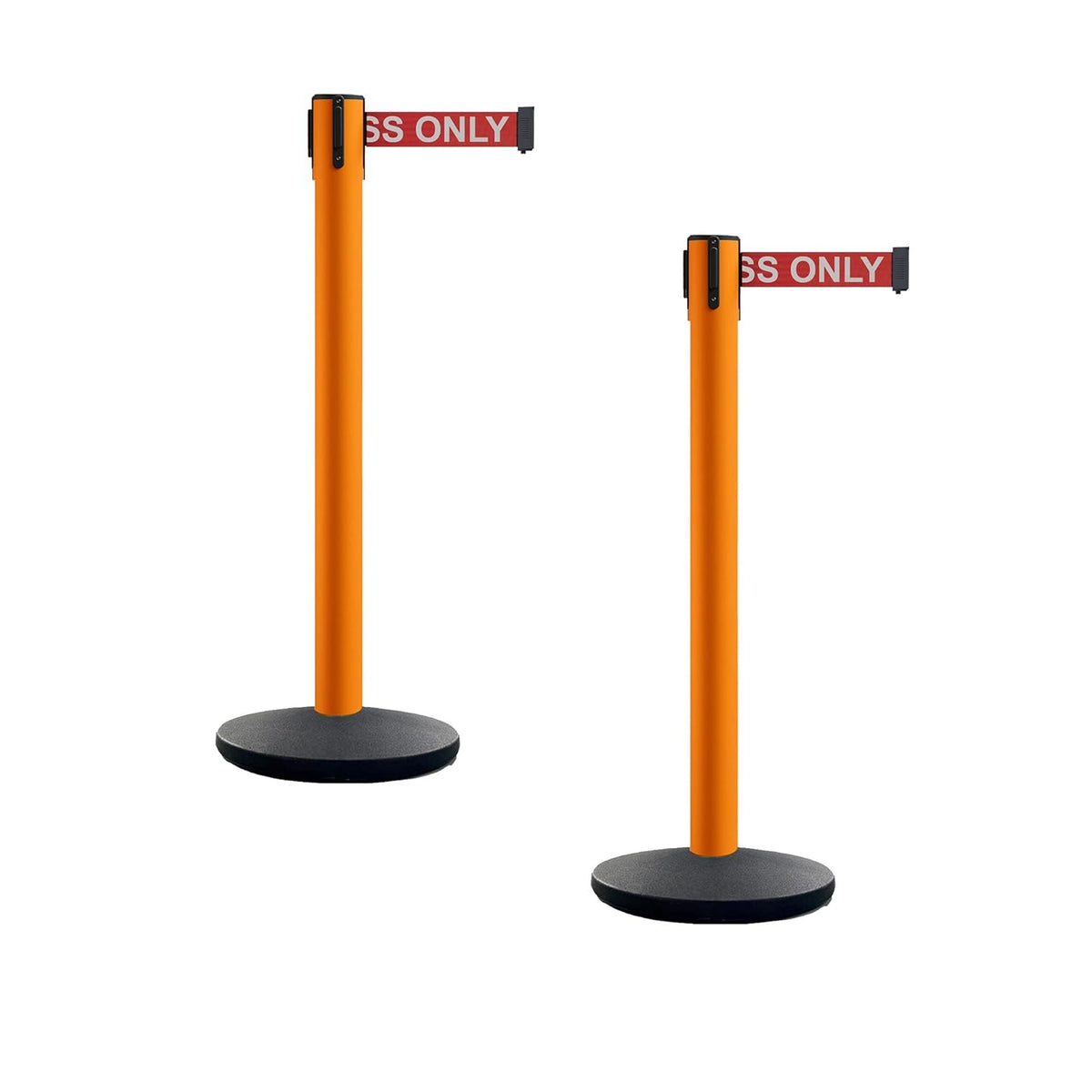 Set of 2 Retractable Belt Barrier Stanchion, Cast Iron Base Yellow Post R2682