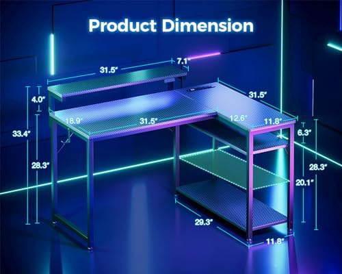 Black L Shaped Gaming Desk with Power Outlet, Height Adjustable Monitor Stand, LED Lights V81468