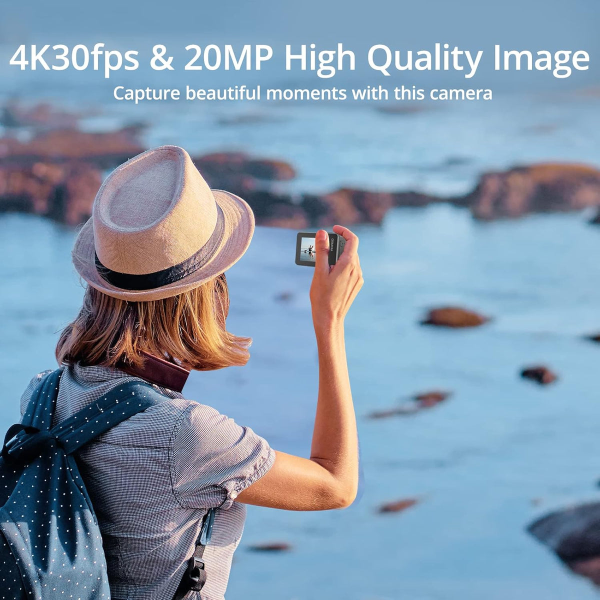 4K30FPS 20MP WiFi Action Camera with Touch Screen IPX8 33FT Waterproof EIS 2.0 Zoom External Mic Voice Control 2X 1350mAh Batteries V833