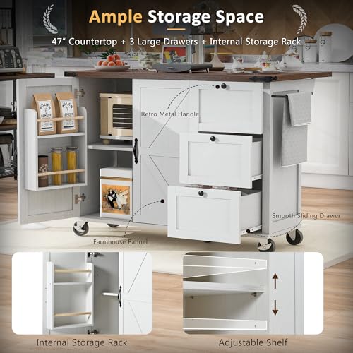 White Rolling Kitchen Cart Island with Drop Leaf H232204