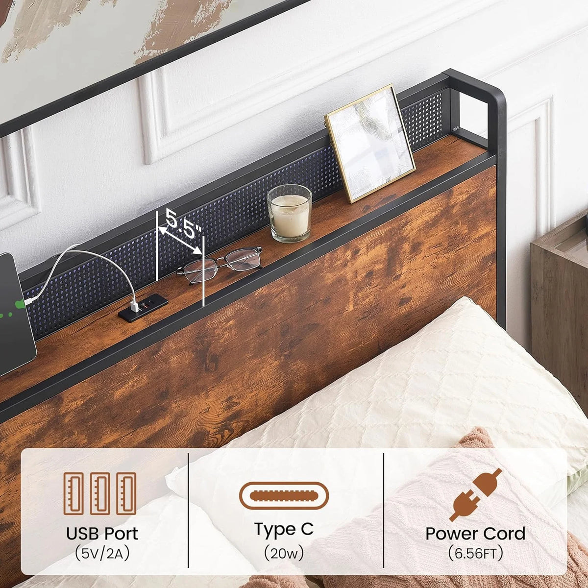 Queen Bed Frame with Storage Drawers and Charging Station D59369