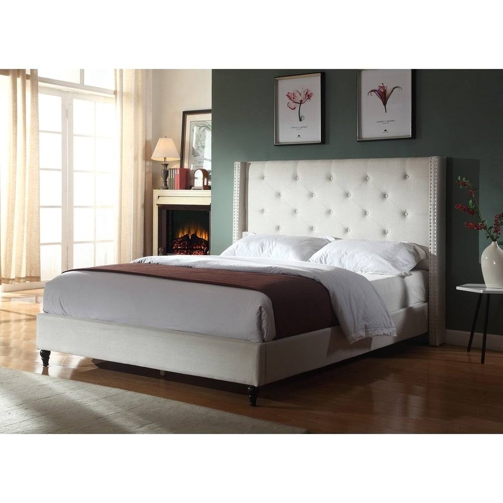 Beige Linen Blend Upholstered Wingback Platform Bed P476762