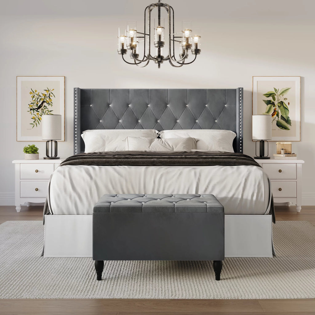 Black Velvet Upholstered Storage Bench Bed X93221