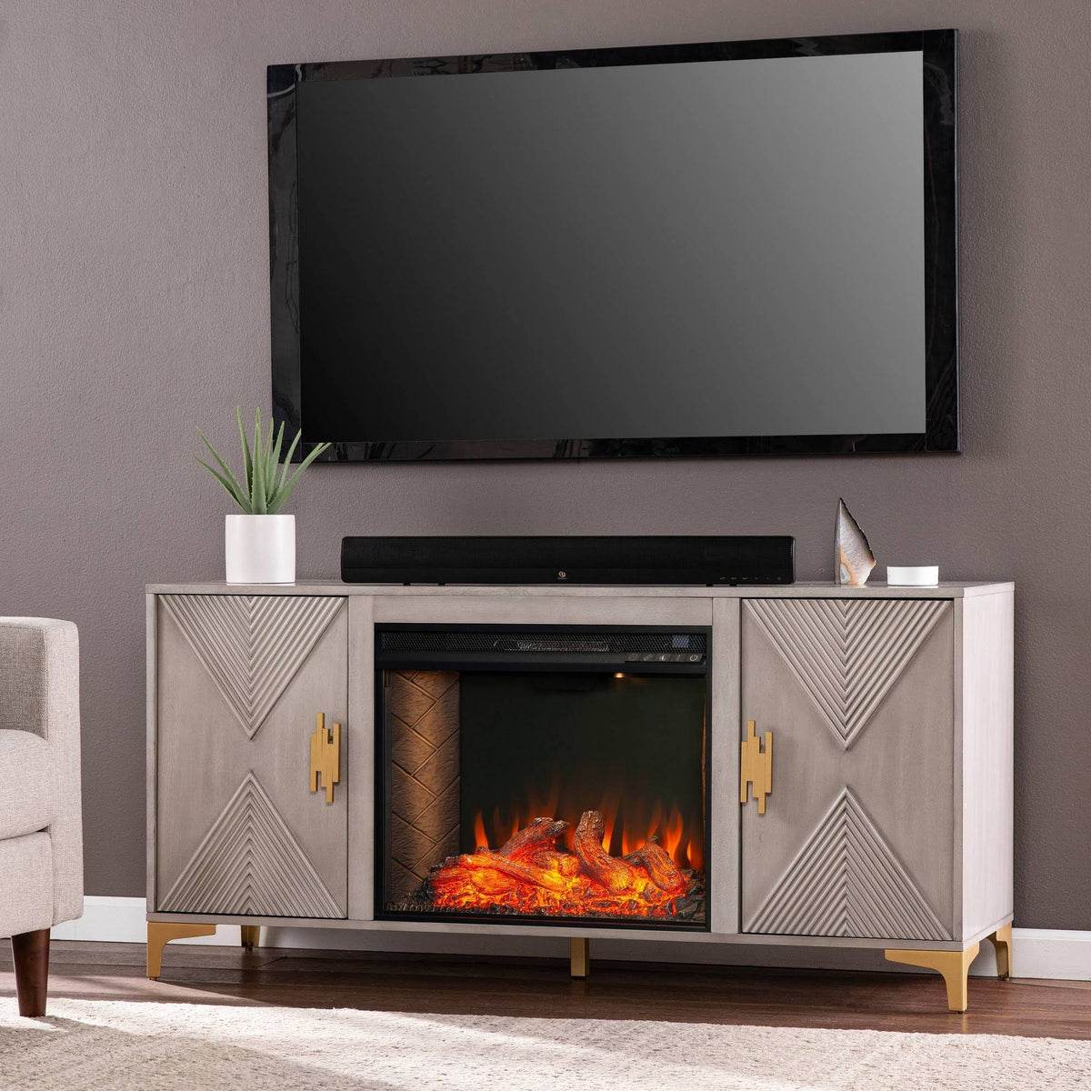 Gray/Gold Smart Fireplace with Media Storage O755768