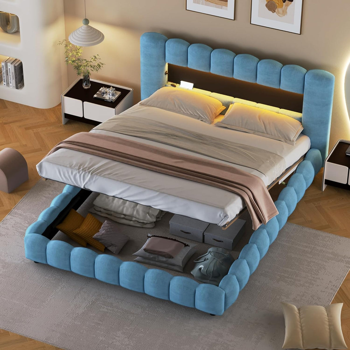 Queen Size Upholstered Storage Bed Frame with LED Headboard S53155