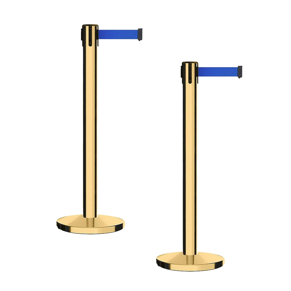 Set of 2 Retractable Belt Barrier Stanchion, Cast Iron Base Yellow Post R2682