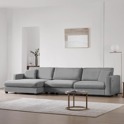 Beige Oversized Corduroy L Shaped Sectional Sofa with USB Charging Port and Cup Holder Q7186