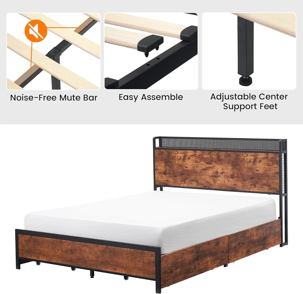 Queen Bed Frame with Storage Drawers and Charging Station D59369
