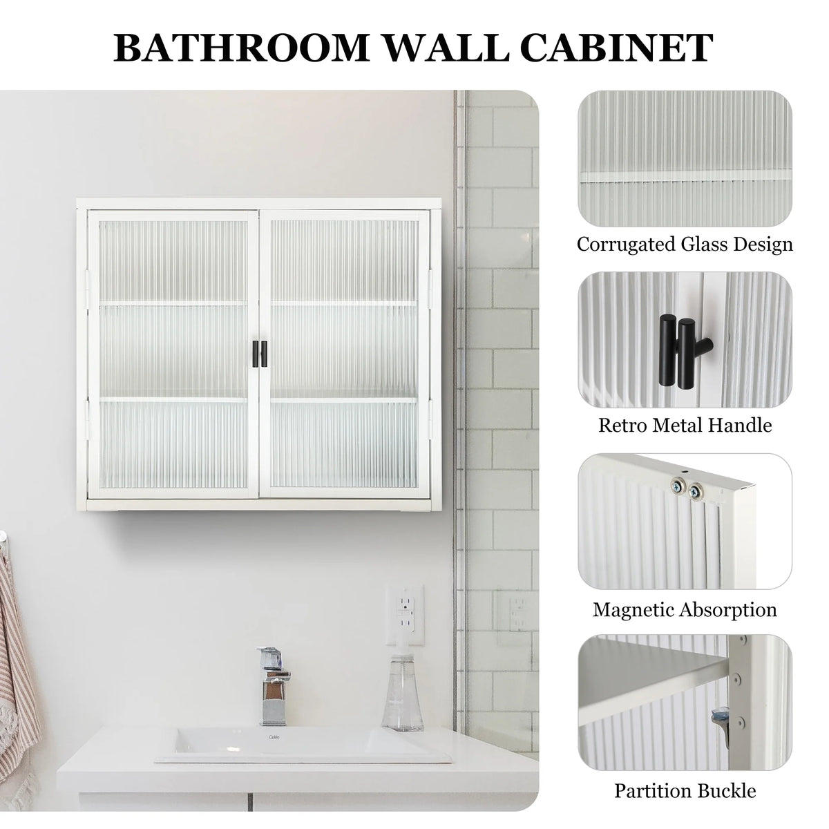 Retro Style Double Glass Door Wall Cabinet with Detachable Shelves White M314