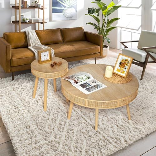 2-Piece Solid Wood Rattan Coffee Table Set C5879