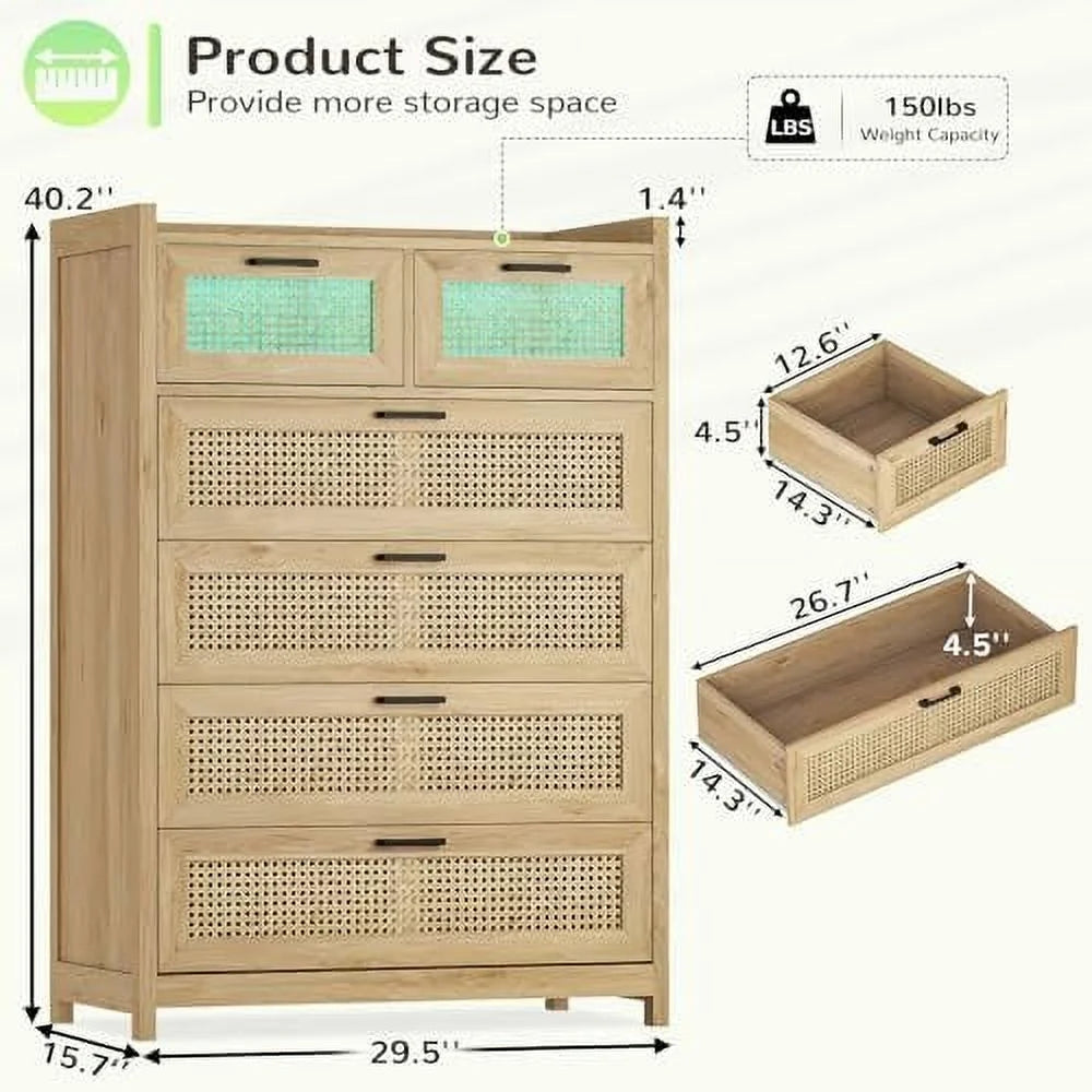 Rattan 6 Drawer Wood Dresser with LED Lights C320