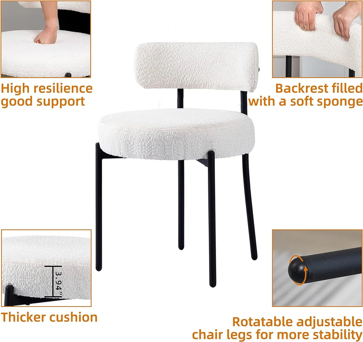 White Boucle Dining Chairs Set of 2 with Black Metal Legs D6547
