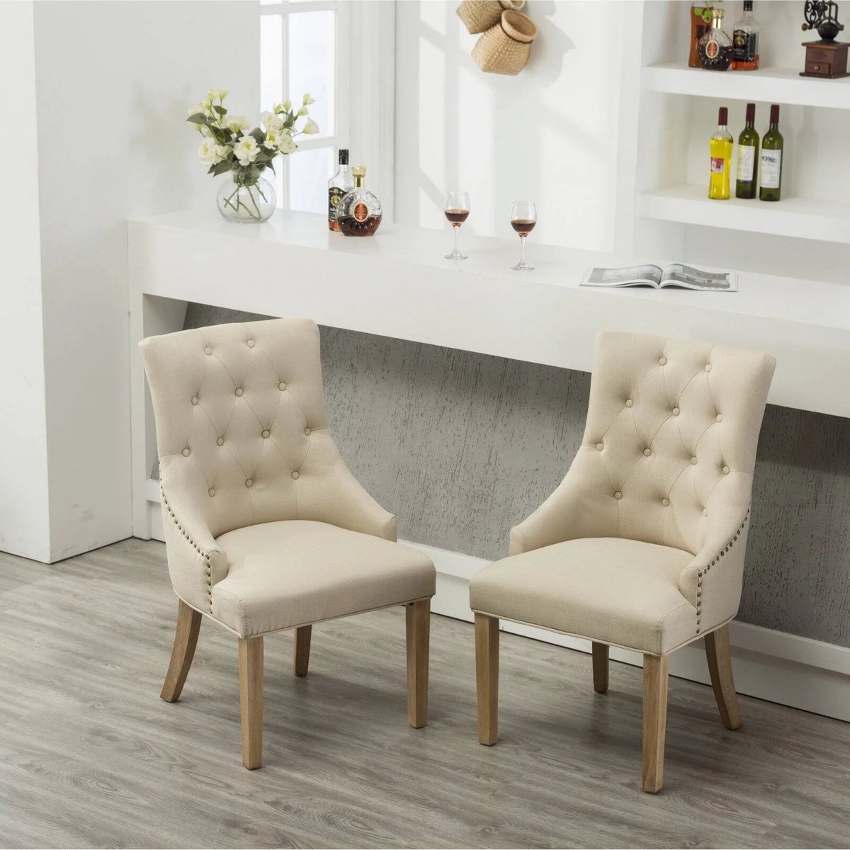 Tan Button Tufted Solid Wood Wingback Chairs Set of 2 G9410