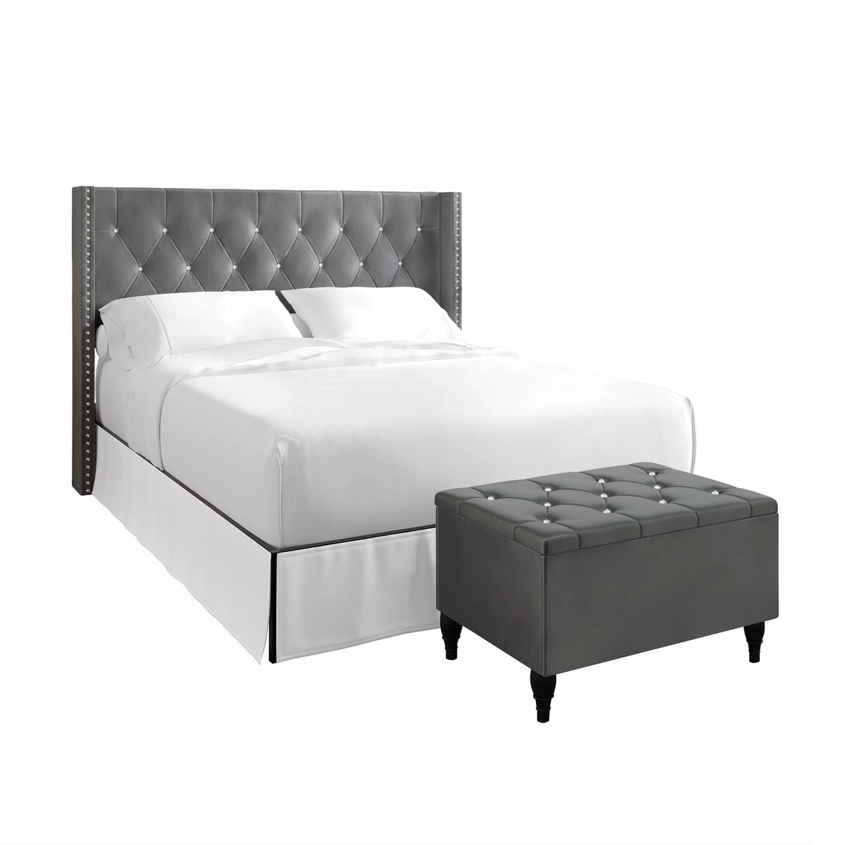 Black Velvet Upholstered Storage Bench Bed X93221